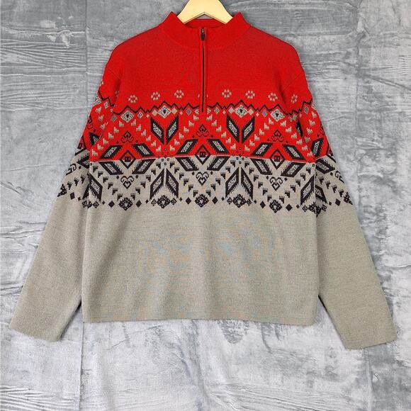 Mens‎ Sweater Medium Vintage Grandpa Dad Zip Pullover Geometric Fair Isle Wool - Picture 1 of 6